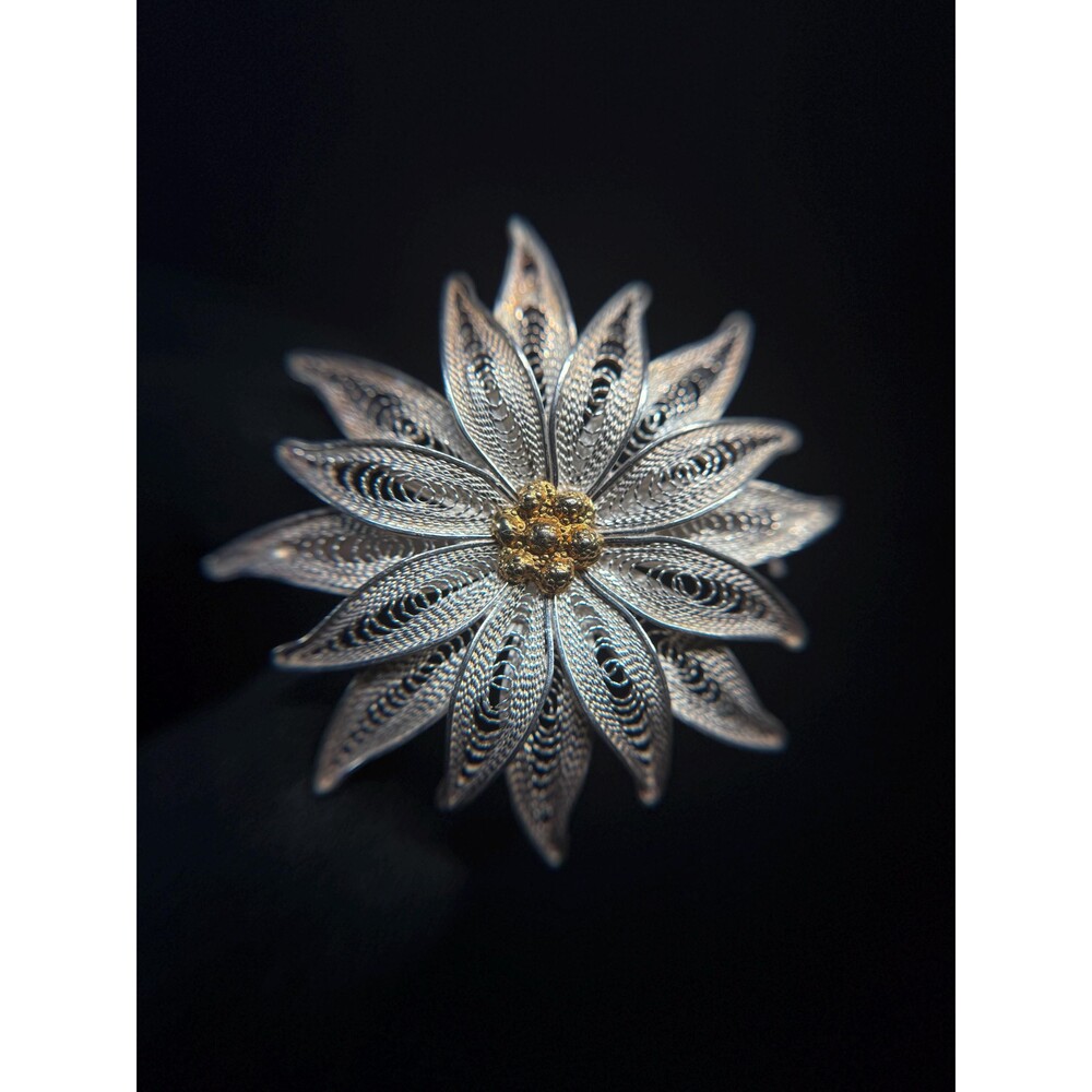 800 Silver Filigree Flower Brooch Pendant Vintage Two Tone Floral